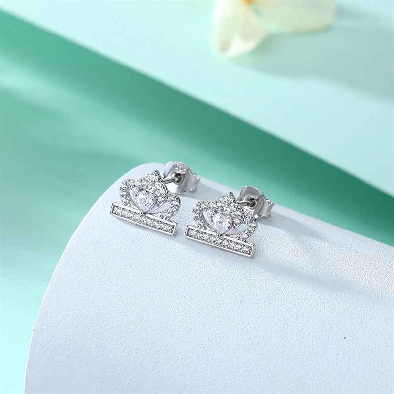 925 Sterling Silver Crown Heart Stud Earrings – Elegant Zircon Bow Design