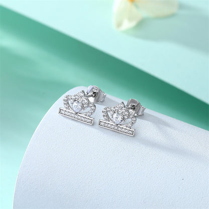 925 Sterling Silver Crown Heart Stud Earrings – Elegant Zircon Bow Design
