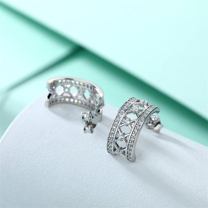 925 Sterling Silver Crown Hoop Earrings for Women Elegant Zircon Half-Circle Earrings White Gold Plate