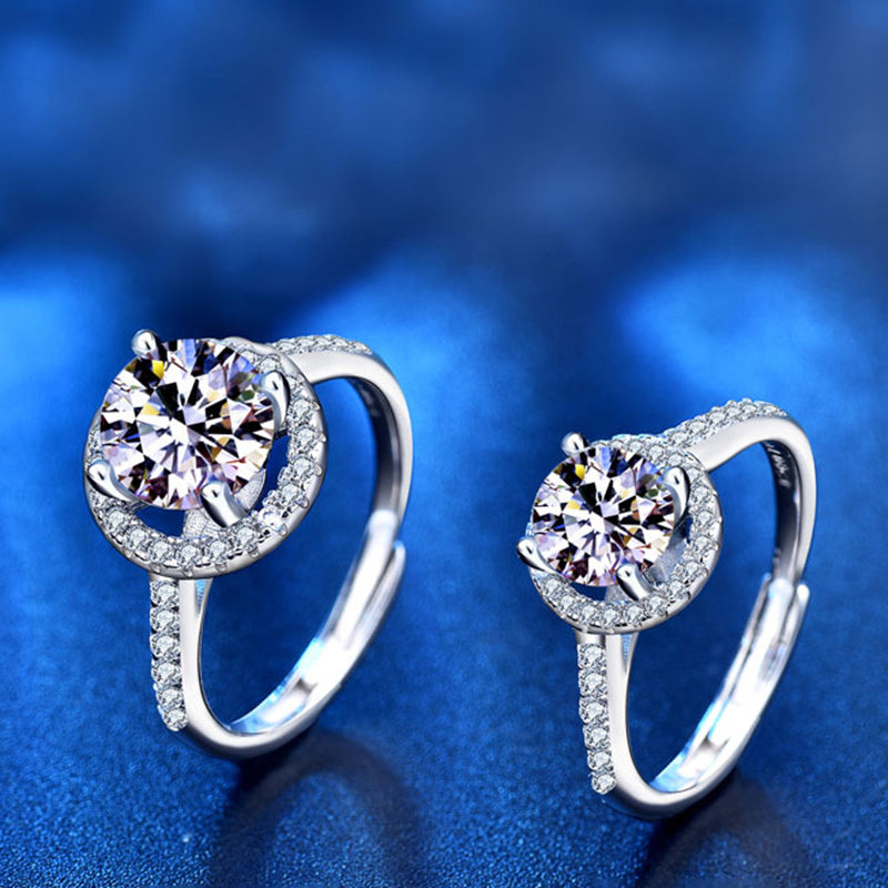 Elegant 1ct/2ct D Color Moissanite Women's Ring-Adjustable Open/Closed Heart & Arrow Zircon Halo, Fashion OL White Gold Plated Geometric Wedding Band (Sizes 5-8)