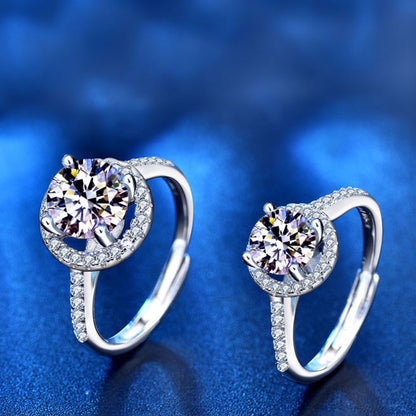 Elegant 1ct/2ct D Color Moissanite Women's Ring-Adjustable Open/Closed Heart & Arrow Zircon Halo, Fashion OL White Gold Plated Geometric Wedding Band (Sizes 5-8)