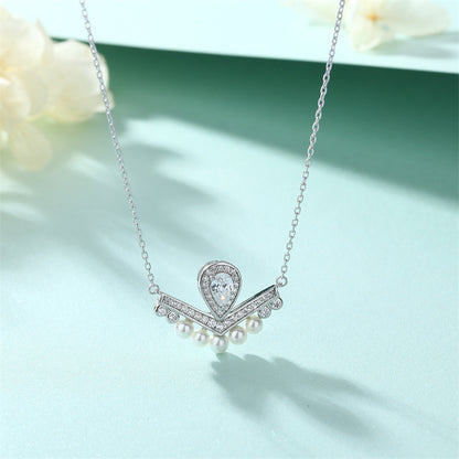 925 Sterling Silver Crown Pearl Pendant Necklace - Elegant Teardrop & Zirconia Collarbone Chain