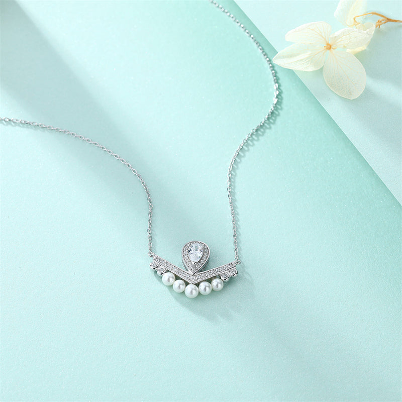 925 Sterling Silver Crown Pearl Pendant Necklace - Elegant Teardrop & Zirconia Collarbone Chain