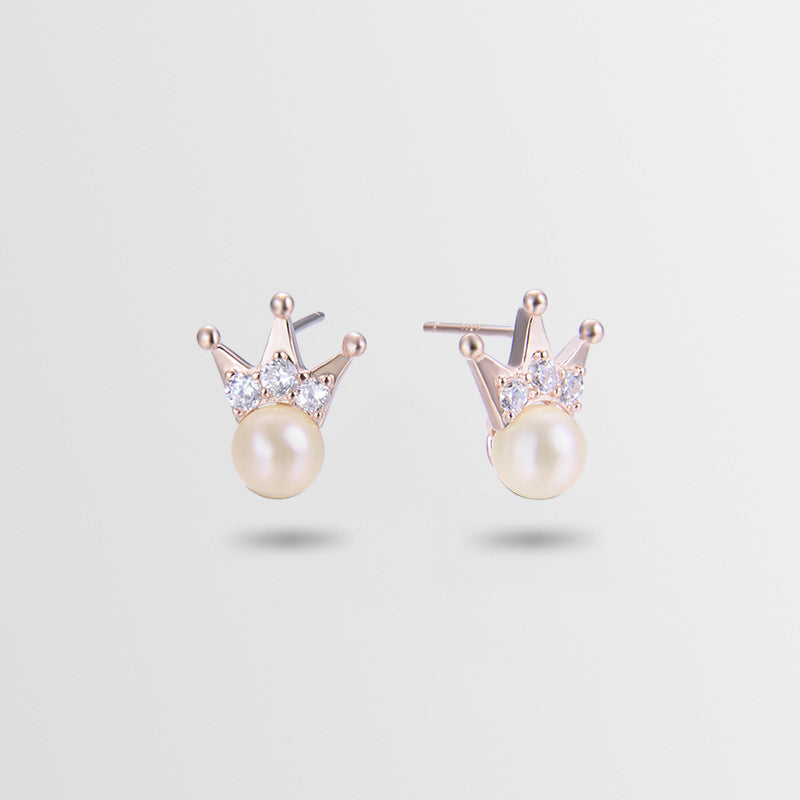 925 Sterling Silver Crown Pearl Stud Earrings - Korean Style Mother-of-Pearl Earrings with Diamond Accents & Plastic Ear Stoppers