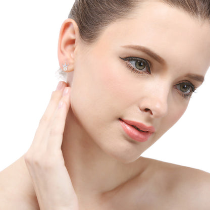 925 Sterling Silver Crown Pearl Stud Earrings - Korean Style Mother-of-Pearl Earrings with Diamond Accents & Plastic Ear Stoppers
