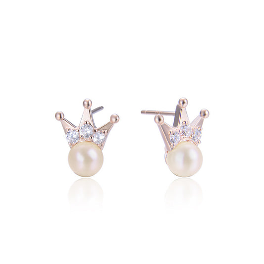 925 Sterling Silver Crown Pearl Stud Earrings - Korean Style Mother-of-Pearl Earrings with Diamond Accents & Plastic Ear Stoppers