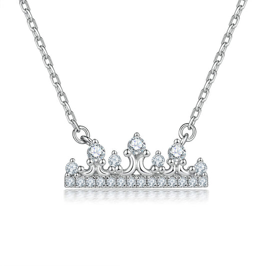 925 Sterling Silver Crown Pendant Necklace - Elegant Princess Collarbone Chain with Zirconia