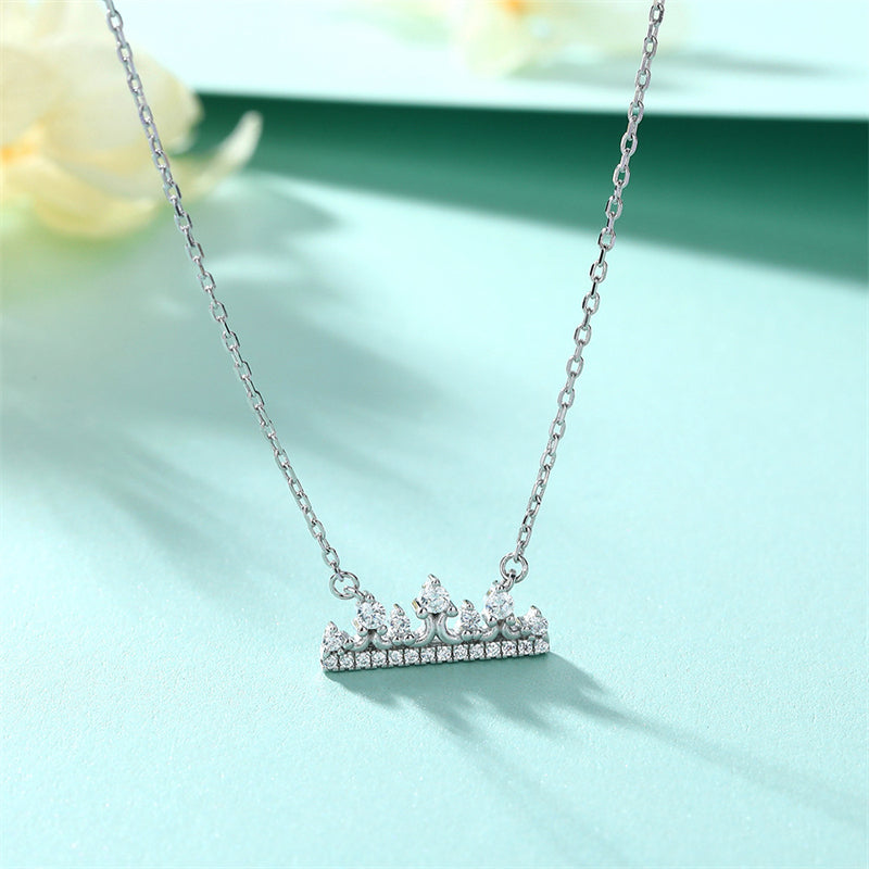 925 Sterling Silver Crown Pendant Necklace - Elegant Princess Collarbone Chain with Zirconia