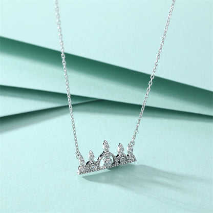 925 Sterling Silver Crown Pendant Necklace - Princess Style Full Zirconia Crystal Collarbone Chain