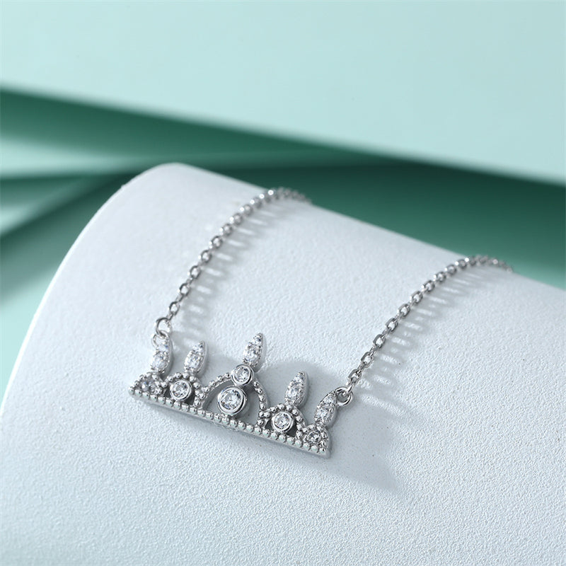 925 Sterling Silver Crown Pendant Necklace - Princess Style Full Zirconia Crystal Collarbone Chain