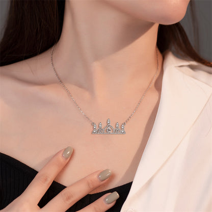 925 Sterling Silver Crown Pendant Necklace - Princess Style Full Zirconia Crystal Collarbone Chain