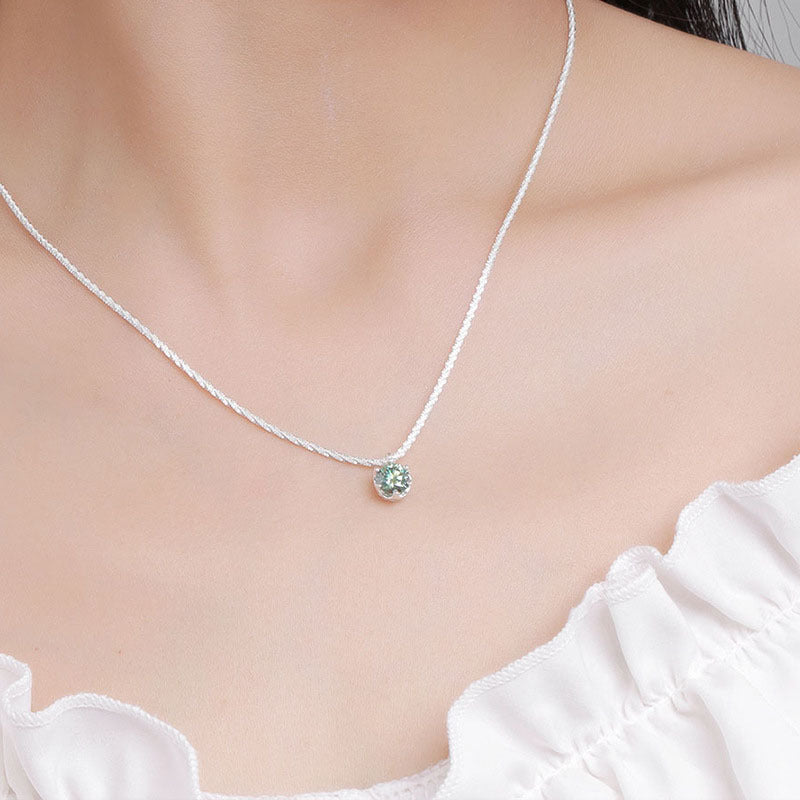 925 Sterling Silver Crown Pendant Necklace with 0.5ct/1ct/2ct D Color Moissanite in White/Champagne/Green Cauliflower Chain Women's Elegant Jewelry