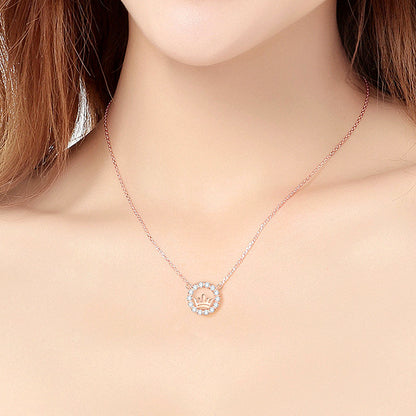 925 Sterling Silver Crown Pendant Necklace with Zircon White Gold or Rose Gold Plated Korean Style Dainty Jewelry