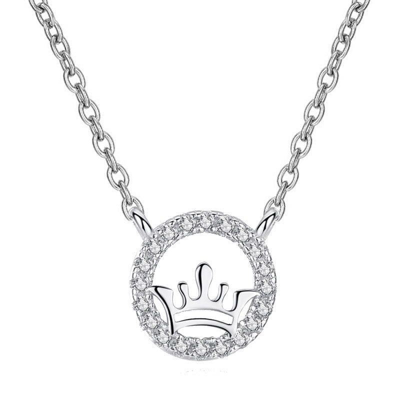 925 Sterling Silver Crown Pendant Necklace with Zircon White Gold or Rose Gold Plated Korean Style Dainty Jewelry