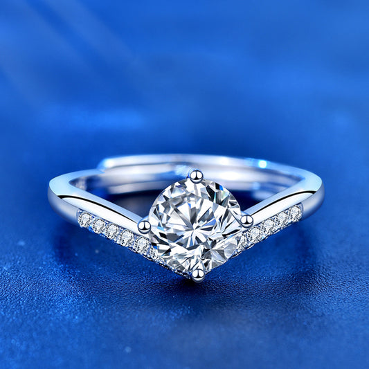 925 Sterling Silver Crown Ring with 1ct Moissanite - White Gold Plated Adjustable Women's Band
