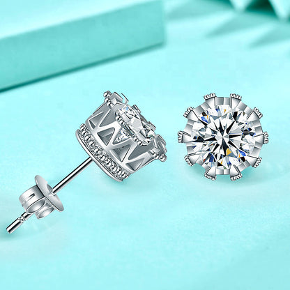 925 Sterling Silver Crown Stud Earrings with Zircon - White Gold Plated Casual Royal Jewelry for Women