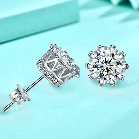 925 Sterling Silver Crown Stud Earrings with Zircon - White Gold Plated Casual Royal Jewelry for Women