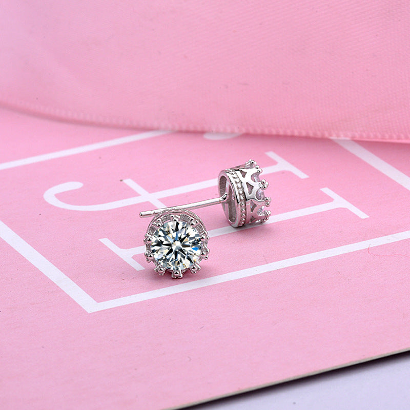 925 Sterling Silver Crown Stud Earrings with Zircon - White Gold Plated Casual Royal Jewelry for Women