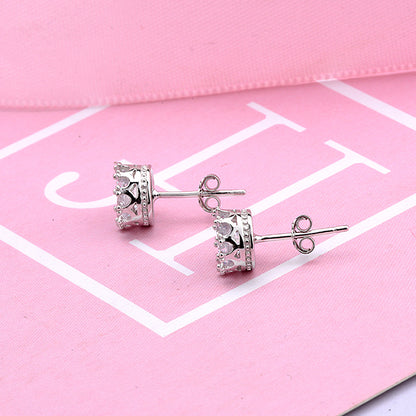 925 Sterling Silver Crown Stud Earrings with Zircon - White Gold Plated Casual Royal Jewelry for Women
