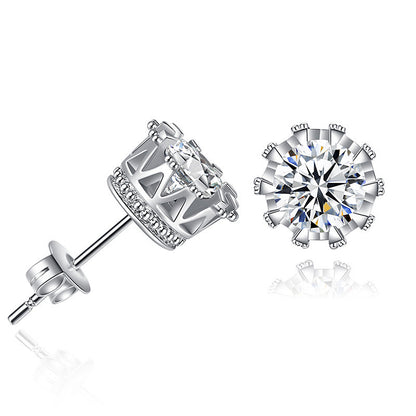 925 Sterling Silver Crown Stud Earrings with Zircon - White Gold Plated Casual Royal Jewelry for Women