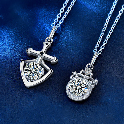 925 Sterling Silver Crown & Cross Couple Pendant Necklace Set Matching His & Hers 1ct Moissanite Jewelry