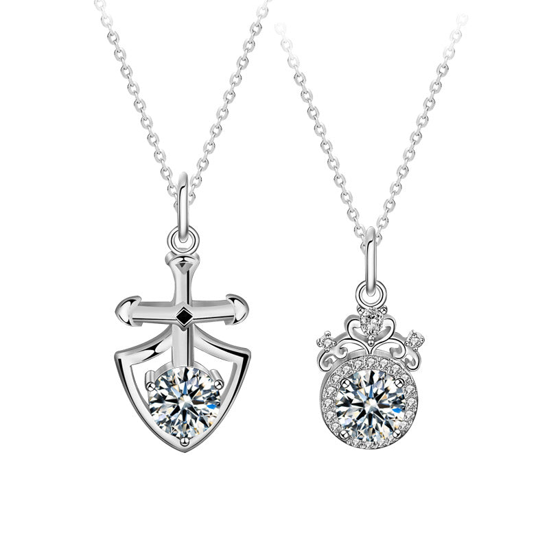925 Sterling Silver Crown & Cross Couple Pendant Necklace Set Matching His & Hers 1ct Moissanite Jewelry