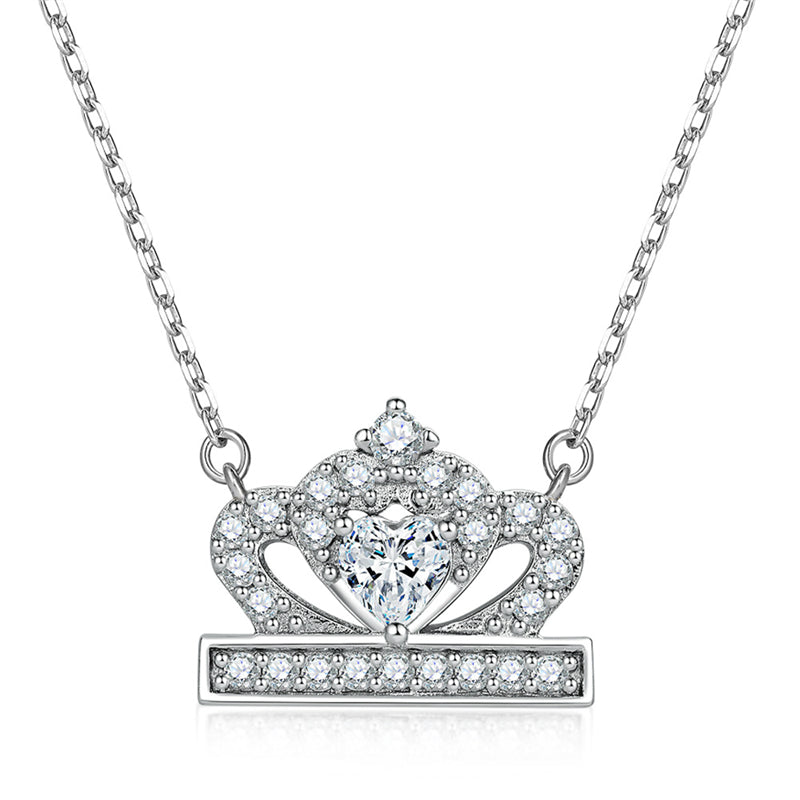 925 Sterling Silver Crown & Heart Pendant Necklace - Princess Inspired Jewelry