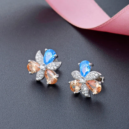 925 Sterling Silver Crystal Floral Stud Earrings - Korean Style Geometric Flower Earrings with Plastic Backs