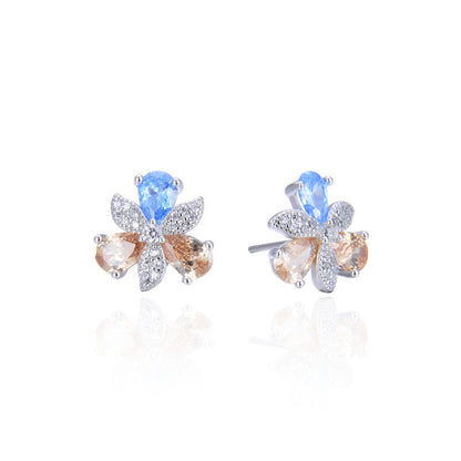 925 Sterling Silver Crystal Floral Stud Earrings - Korean Style Geometric Flower Earrings with Plastic Backs