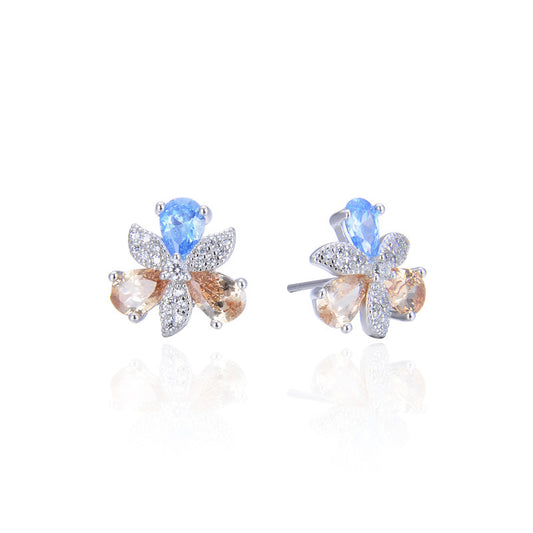 925 Sterling Silver Crystal Floral Stud Earrings - Korean Style Geometric Flower Earrings with Plastic Backs