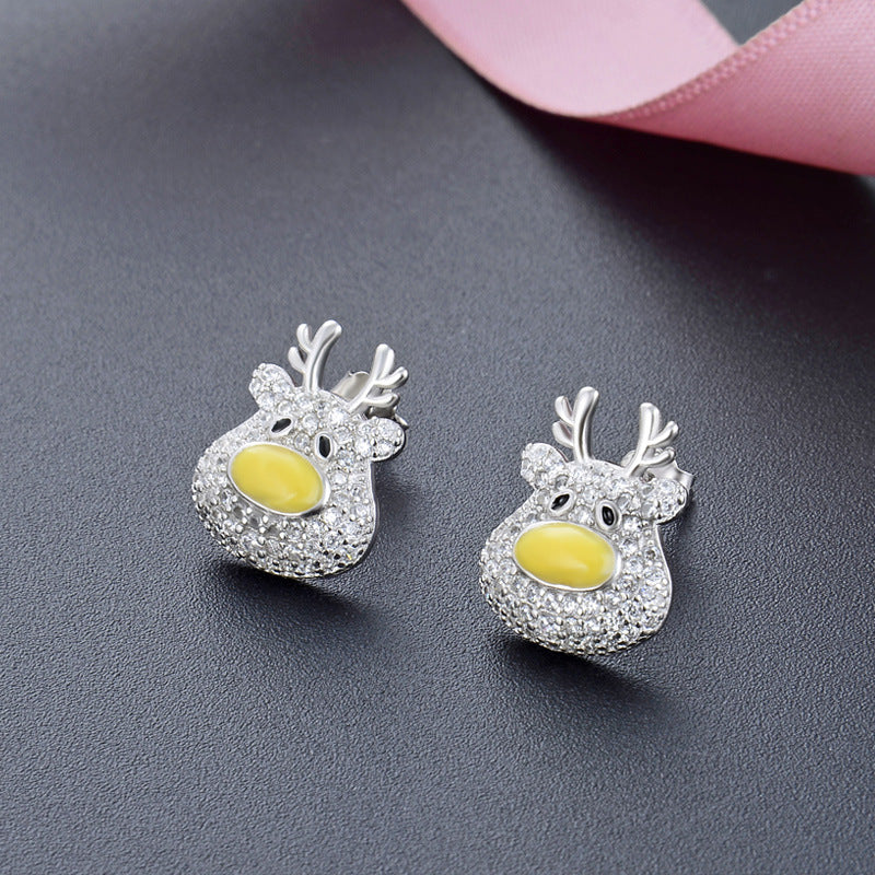 925 Sterling Silver Cute Animal Stud Earrings with Cubic Zirconia - Minimalist Geometric Design, Sweet Style, Plastic Ear Stoppers Included