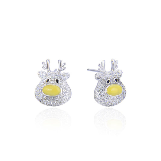 925 Sterling Silver Cute Animal Stud Earrings with Cubic Zirconia - Minimalist Geometric Design, Sweet Style, Plastic Ear Stoppers Included