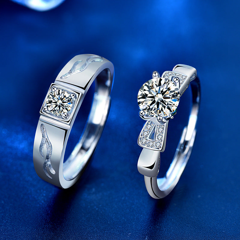 925 Sterling Silver Deer Couple Rings - His 0.3ct & Her 1ct Moissanite Adjustable Luxury Wedding Bands in White Gold Plated