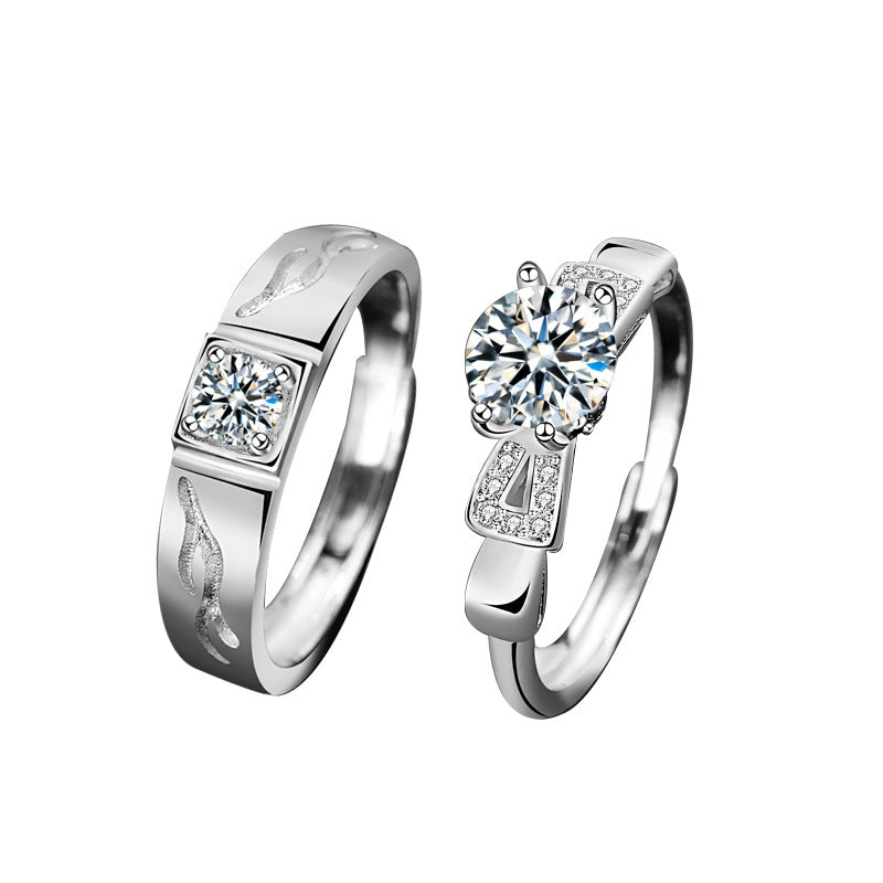 925 Sterling Silver Deer Couple Rings - His 0.3ct & Her 1ct Moissanite Adjustable Luxury Wedding Bands in White Gold Plated