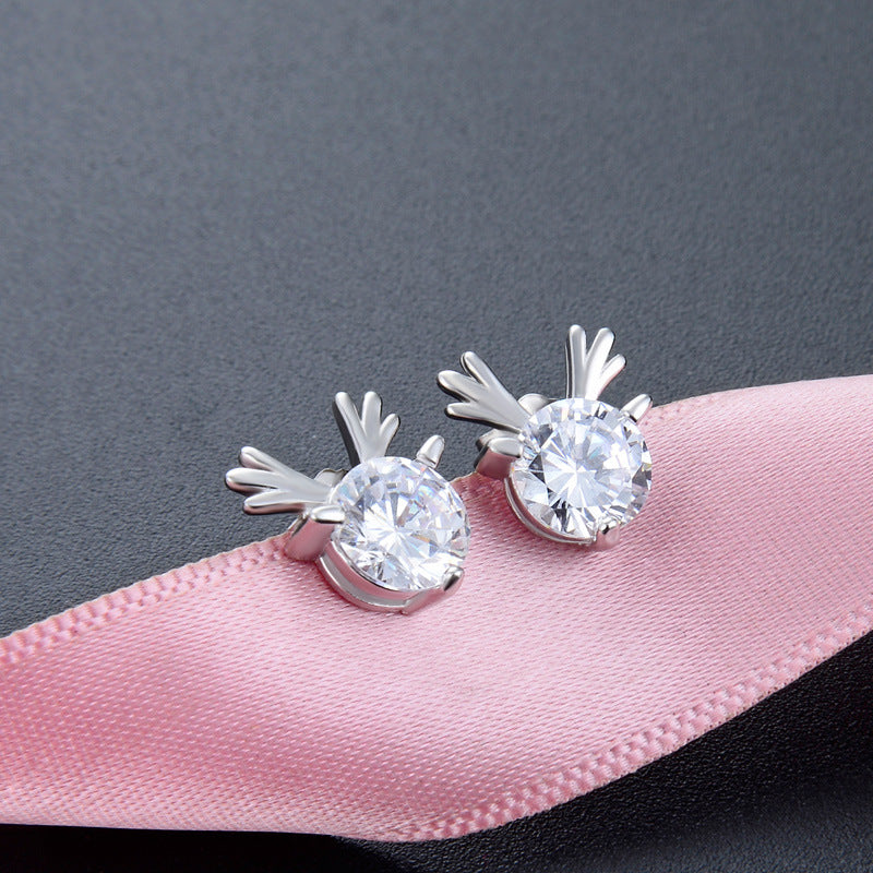 925 Sterling Silver Deer Stud Earrings - Korean Style CZ Animal Earrings with Plastic Backs