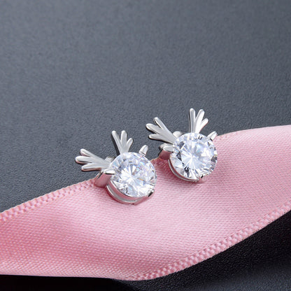 925 Sterling Silver Deer Stud Earrings - Korean Style CZ Animal Earrings with Plastic Backs