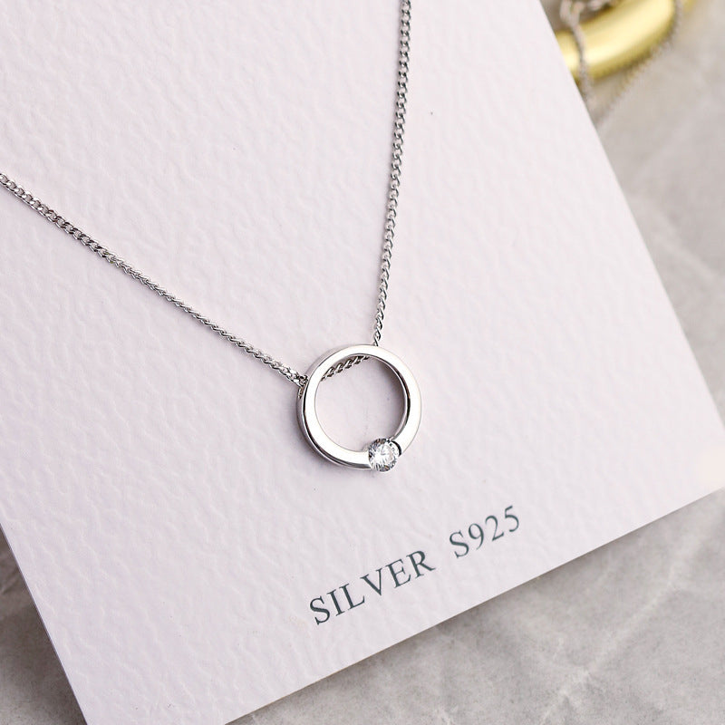925 Sterling Silver Diamond-Cut Circle Pendant Necklace - Minimalist Short Collarbone Chain
