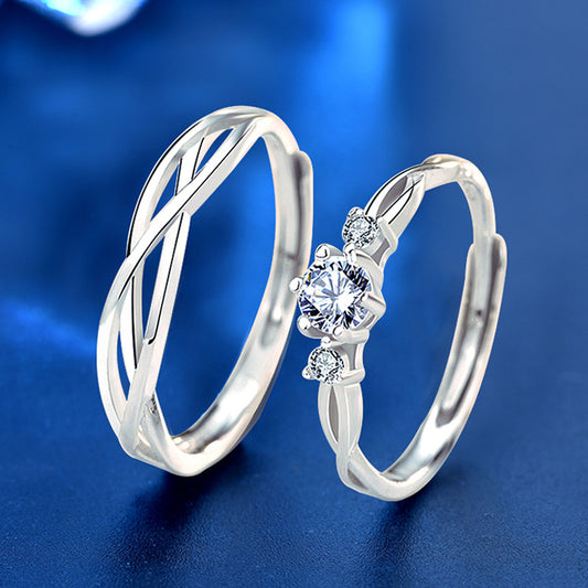 925 Sterling Silver Double-Loop Geometric Couple Rings with Zircon - White Gold Plated Unique Matching Bands