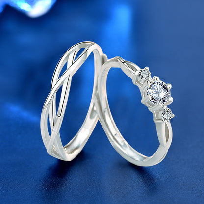 925 Sterling Silver Double-Loop Geometric Couple Rings with Zircon - White Gold Plated Unique Matching Bands