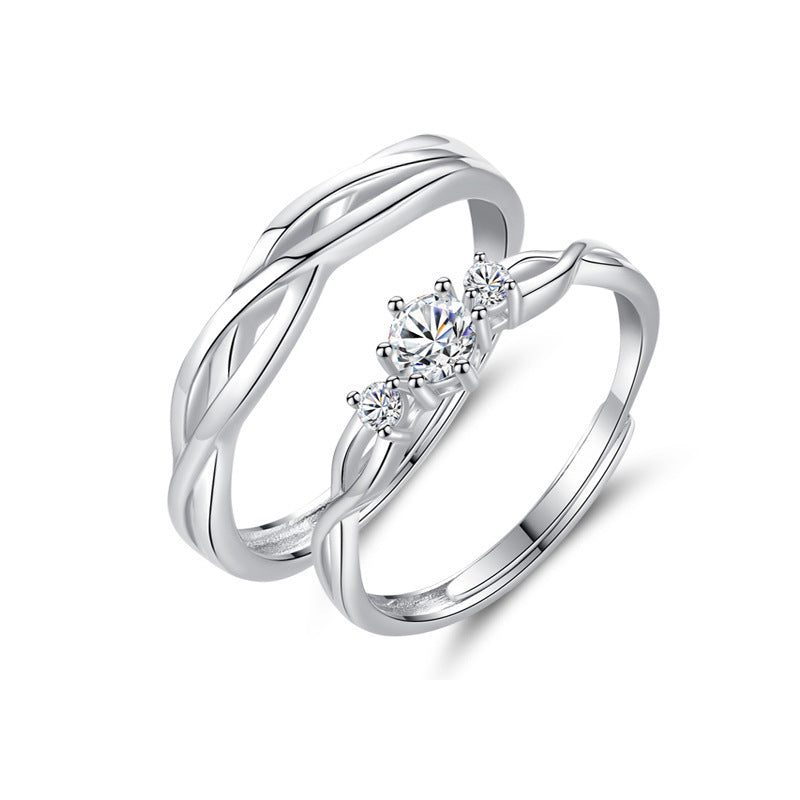 925 Sterling Silver Double-Loop Geometric Couple Rings with Zircon - White Gold Plated Unique Matching Bands