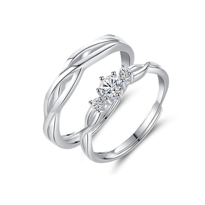 925 Sterling Silver Double-Loop Geometric Couple Rings with Zircon - White Gold Plated Unique Matching Bands