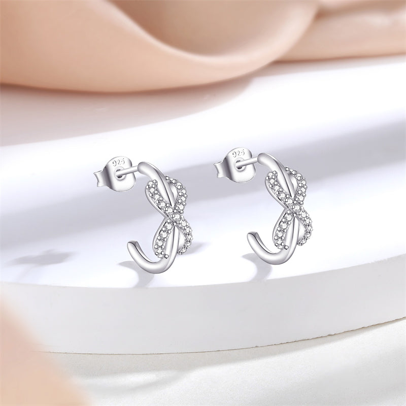 925 Sterling Silver Double C Hoop Earrings for Women Elegant Bow Design with Zircon Accents White Gold Plated
