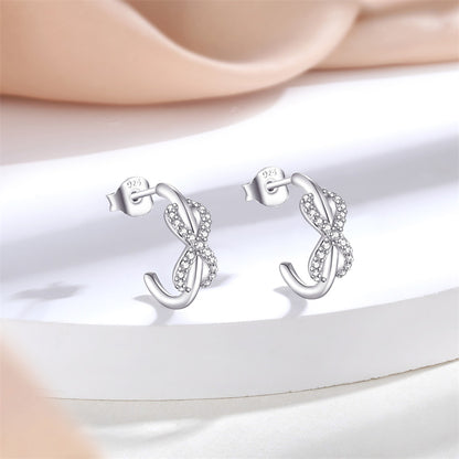 925 Sterling Silver Double C Hoop Earrings for Women Elegant Bow Design with Zircon Accents White Gold Plated