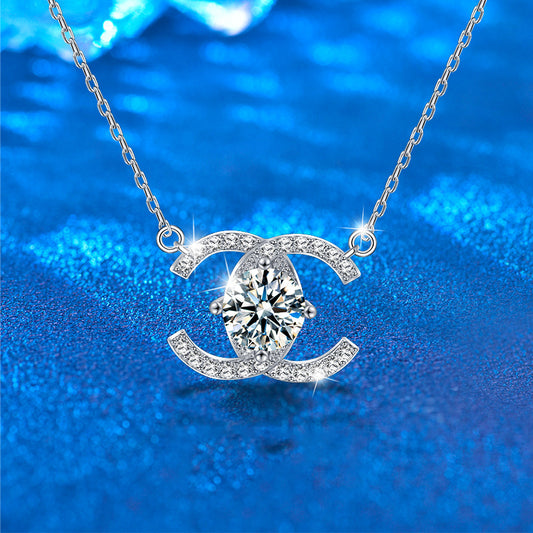 925 Sterling Silver Double Circle Pendant Necklace with 1ct Moissanite Cross Chain Women's Rhodium Plated Jewelry