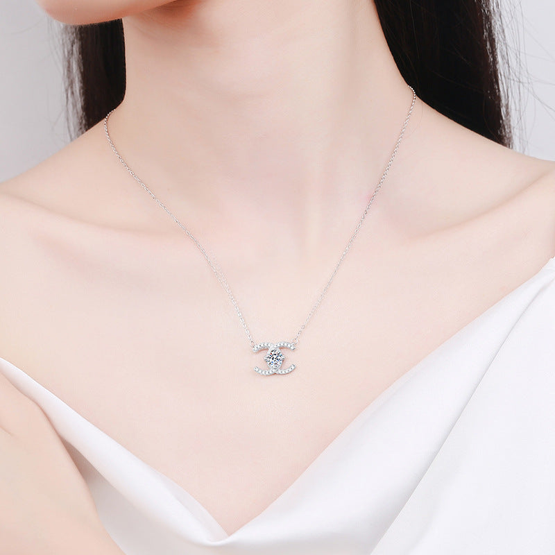 925 Sterling Silver Double Circle Pendant Necklace with 1ct Moissanite Cross Chain Women's Rhodium Plated Jewelry
