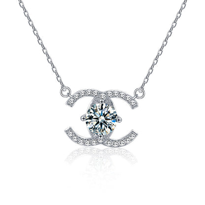 925 Sterling Silver Double Circle Pendant Necklace with 1ct Moissanite Cross Chain Women's Rhodium Plated Jewelry