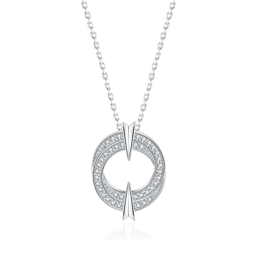 925 Sterling Silver Double Hoop Pendant Necklace - Elegant Round Zirconia Collarbone Chain