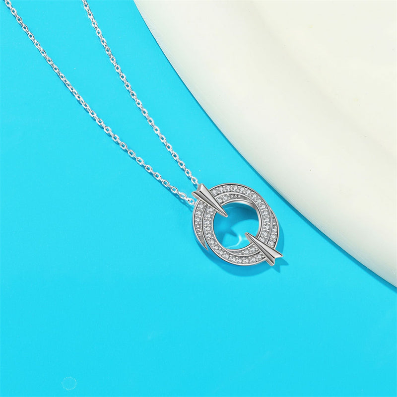 925 Sterling Silver Double Hoop Pendant Necklace - Elegant Round Zirconia Collarbone Chain