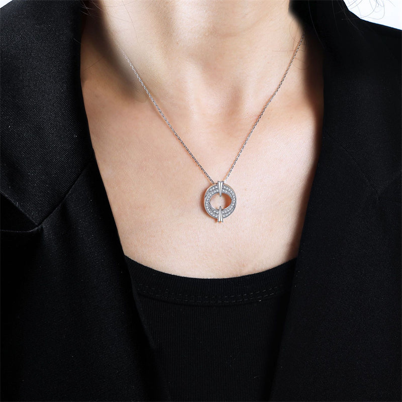 925 Sterling Silver Double Hoop Pendant Necklace - Elegant Round Zirconia Collarbone Chain
