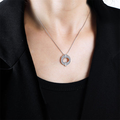 925 Sterling Silver Double Hoop Pendant Necklace - Elegant Round Zirconia Collarbone Chain